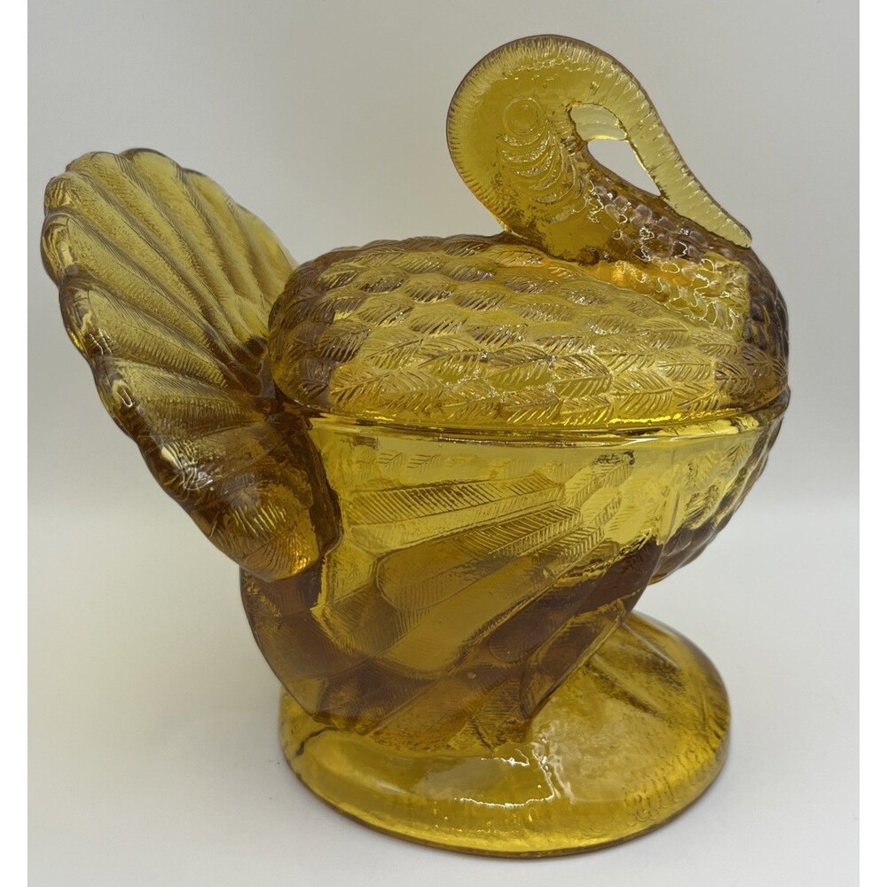 Vintage LE Smith Amber/orange glass turkey candydish with lid